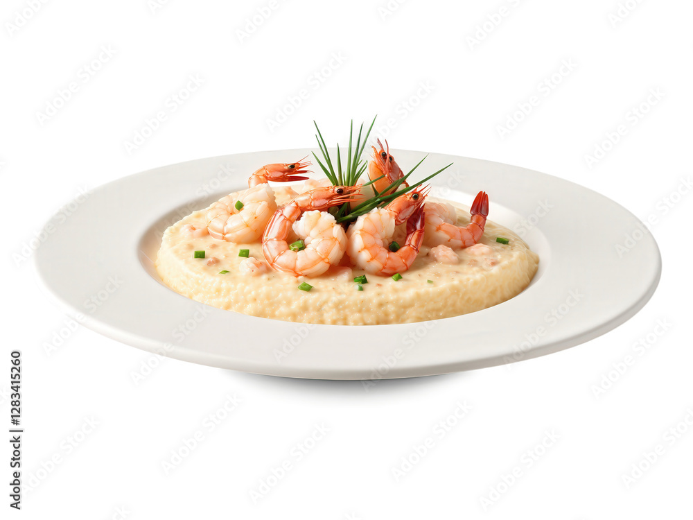 Succulent Shrimp served over creamy grits, with a touch of Cajun seasoning, rich pink, white, Succulent Shrimp served over creamy grits, with a touch of Cajun seasoning, rich pink, white,