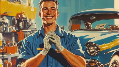 A bold and colorful 1950s American advertisement-style poster featuring a smiling mechanic