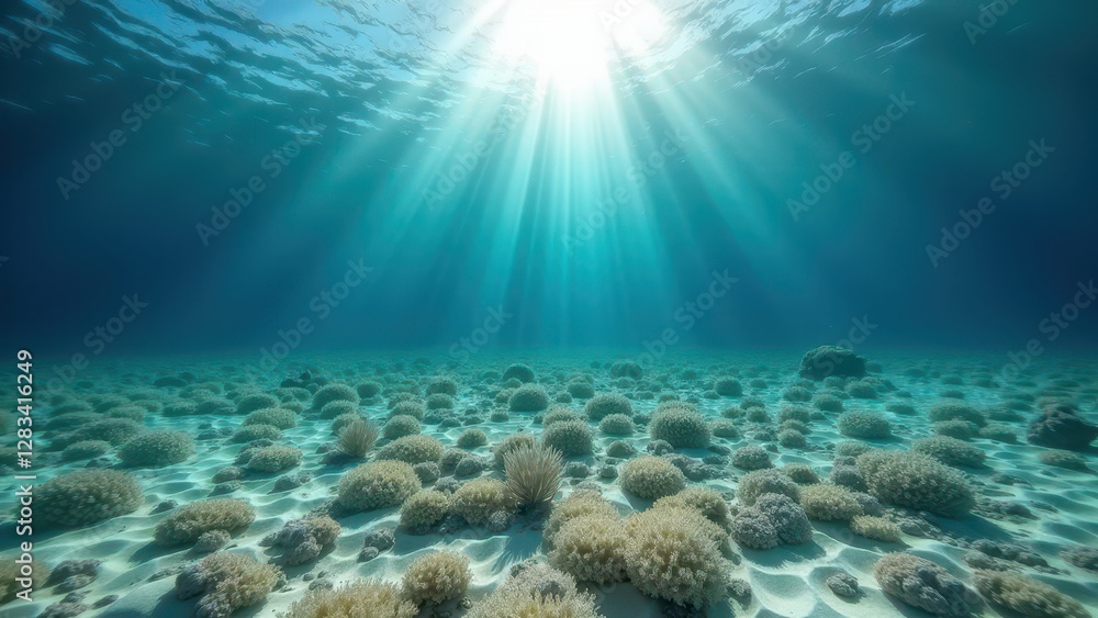 Fototapeta premium Underwater view of a dead coral reef structure on the ocean floor with sunlight filtering through 