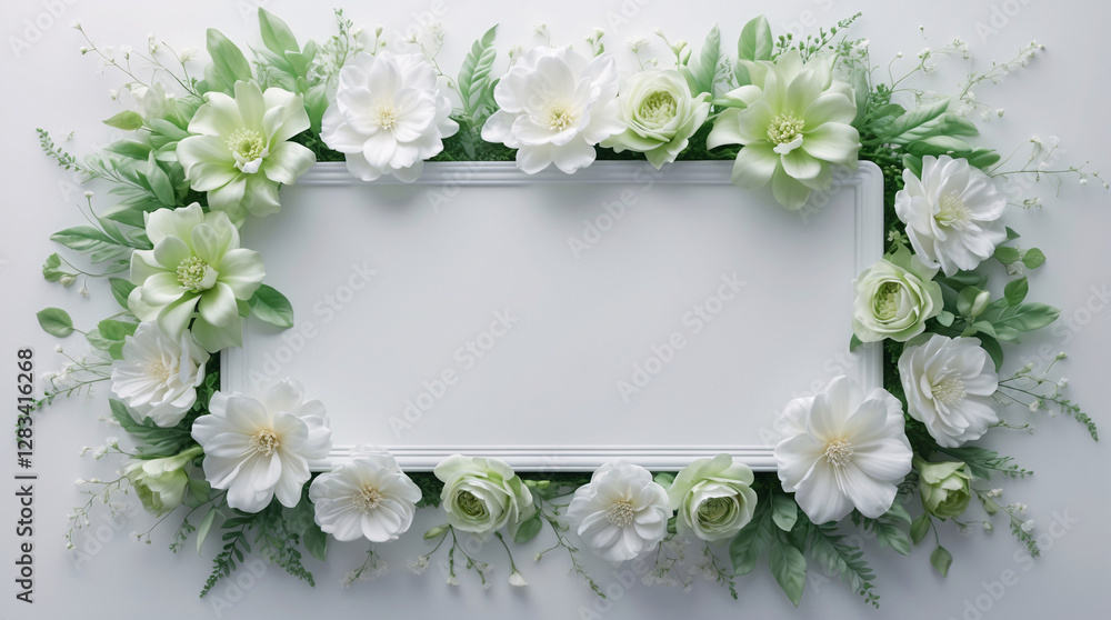 Botanical Frame Featuring Soft Green and White Flowers Around a White Tray for a Serene and Elegant Natural Display for Copyspace and Text Background Botanical Frame Featuring Soft Green and White Flowers Around a White Tray for a Serene and Elegant Natural Display for Copyspace and Text Background