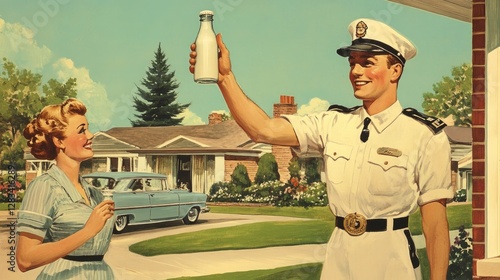 A cheerful mid-century American illustration of a milkman in a crisp white uniform photo