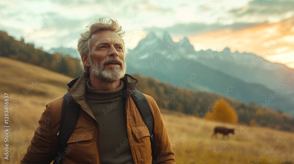 Man with a beard and gray hair is standing in a field with a cow in the background Man with a beard and gray hair is standing in a field with a cow in the background