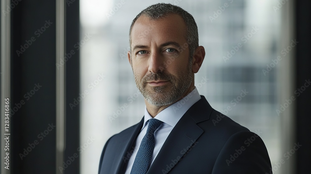Fototapeta premium Professional man in business attire, focused expression, upper body shot, soft window light from left
