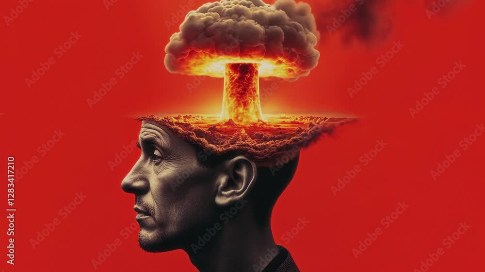 AI generative side closeup of face of mature Caucasian man with atomic ...