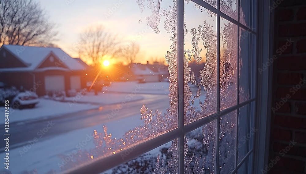 Obraz premium Winter Sunrise Frosty Window View