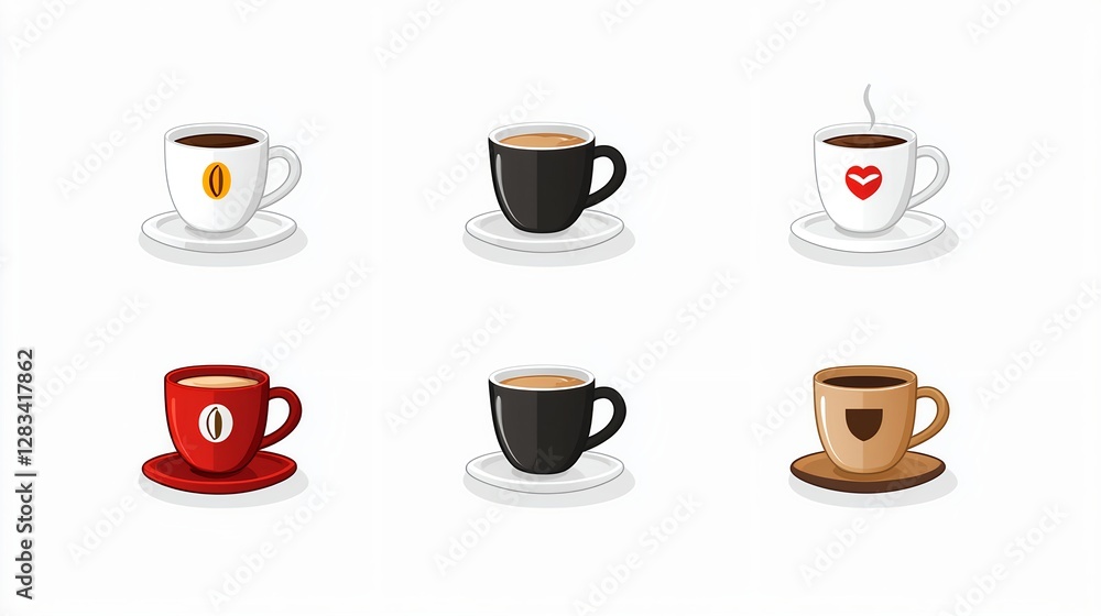 Variety of Coffee Cups with Different Designs and Colors Variety of Coffee Cups with Different Designs and Colors