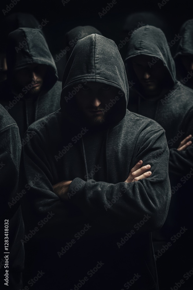 Group of mysterious individuals in dark hoodies with serious expressions, representing secrecy, anonymity, urban lifestyle, and shadowy themes in low light. Group of mysterious individuals in dark hoodies with serious expressions, representing secrecy, anonymity, urban lifestyle, and shadowy themes in low light.
