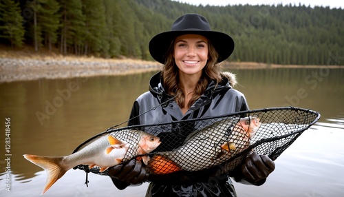 Positive glad female fisher wears black hat raincoat gloves holds net full of variety of fish