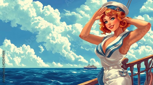 A fun and energetic pin-up style illustration of a woman in a sailor outfit, playfully saluting on the deck
