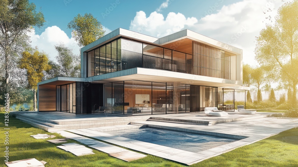 Modern architectural design of a house with pool Modern architectural design of a house with pool