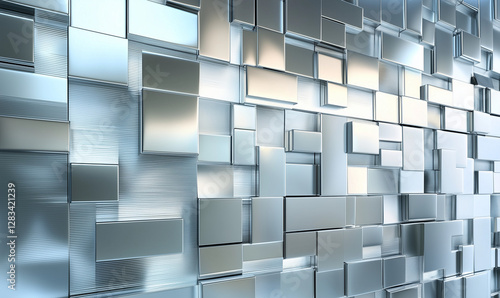 Futuristic wall of metallic bricks featuring reflective surfaces, merging industrial elegance with contemporary innovation