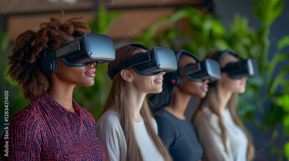 Diverse group of women wearing virtual reality headsets indoors Diverse group of women wearing virtual reality headsets indoors