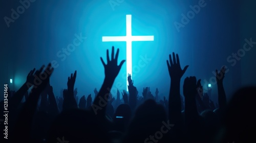Wallpaper Mural Crowd of worshippers raising hands in praise at a church service with illuminated cross, celebrating faith and spirituality in a vibrant atmosphere. Torontodigital.ca