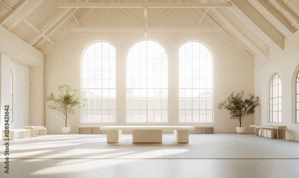 Fototapeta premium Minimalist studio with vaulted ceilings and expansive windows, offering bright space and modern creative energy