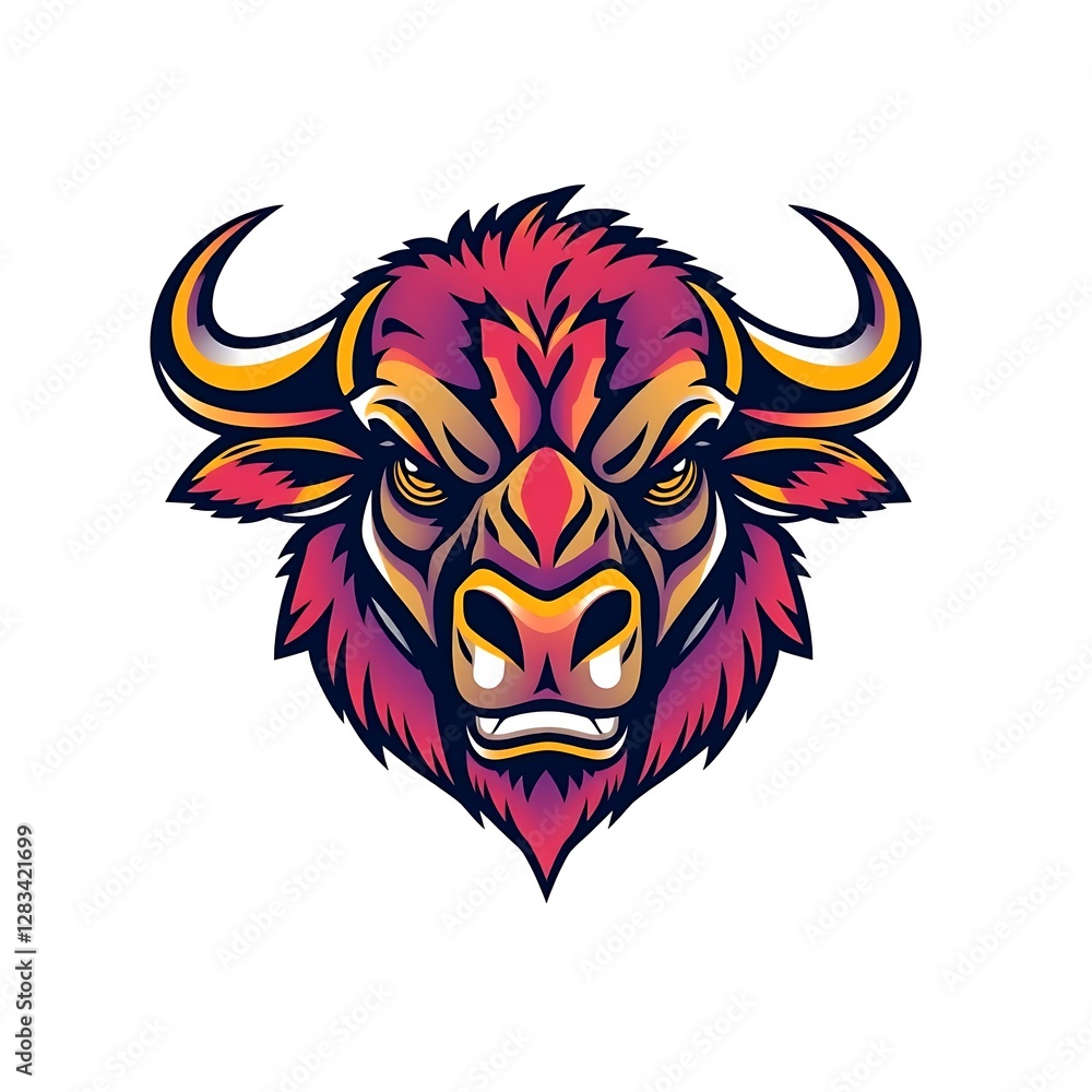 Fototapeta premium Bold Angry Buffalo T-Shirt Design with Majestic Mountain and Tree Landscape – Striking Wildlife Artwork