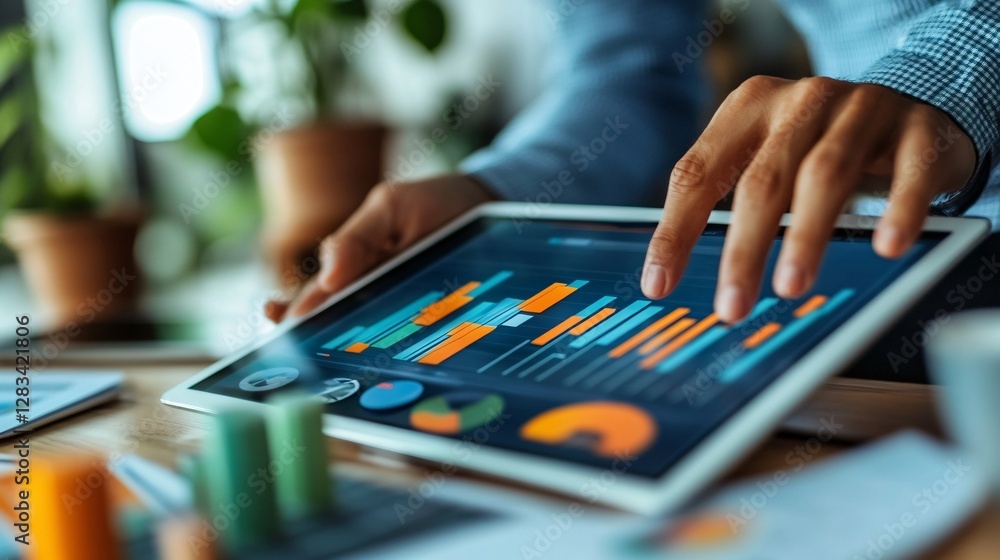 Business Professional Analyzing Data on Tablet with Colorful Graphs Business Professional Analyzing Data on Tablet with Colorful Graphs