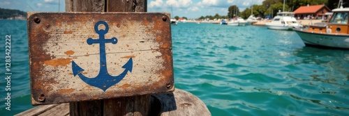 Distressed wooden dock sign with faded anchor label, fading, ships, marine