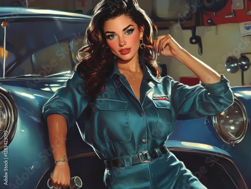 A vintage pin-up style illustration of a stylish woman in a mechanic's jumpsuit