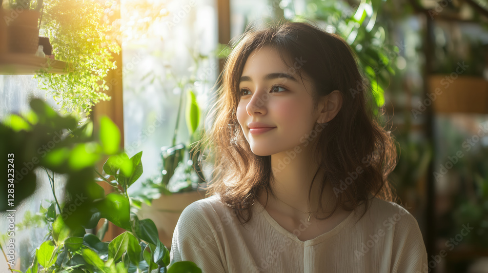 woman with serene expression is surrounded by lush indoor plants, basking in soft sunlight streaming through window. scene conveys sense of tranquility and connection with nature woman with serene expression is surrounded by lush indoor plants, basking in soft sunlight streaming through window. scene conveys sense of tranquility and connection with nature