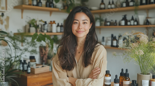 woman stands confidently in natural wellness shop, surrounded by various bottles and plants, exuding sense of calm and positivity
