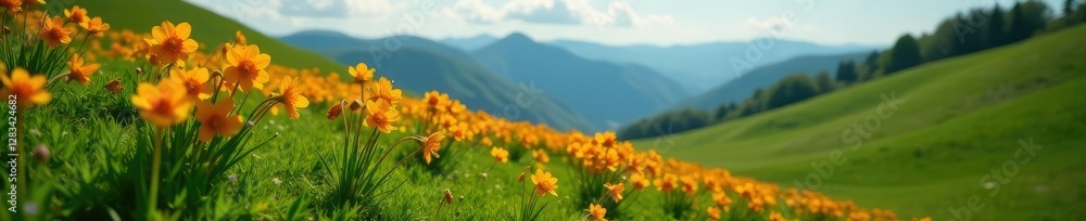 Obraz premium Fritillaria imperialis flowers blooming on a hillside, green meadow, orange yellow petals, imperial flowers