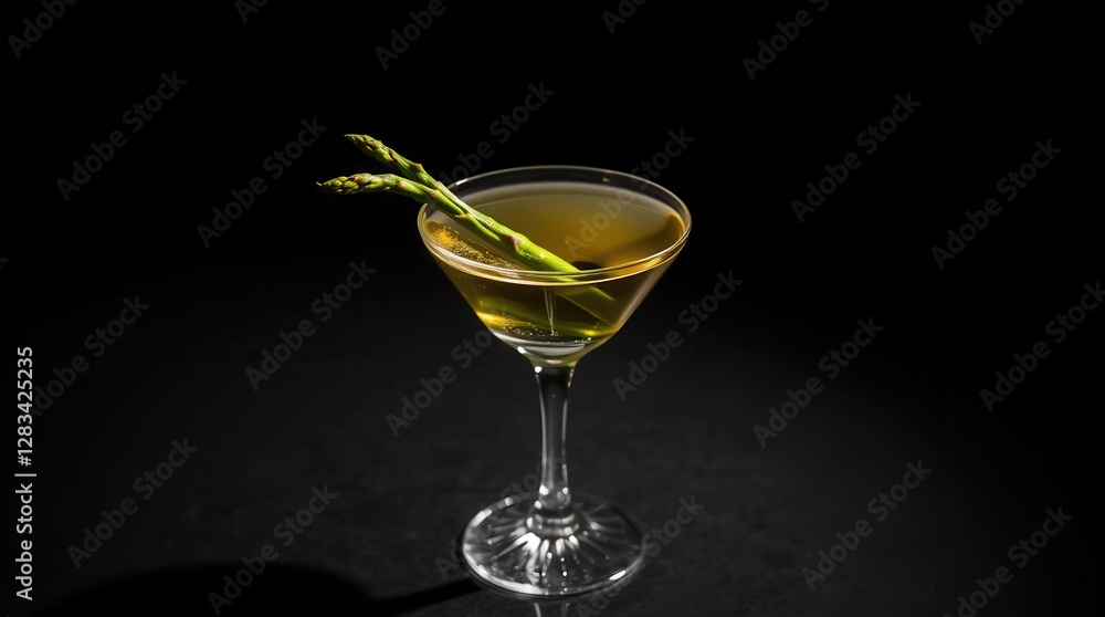 Elegant cocktail presentation: a stemmed glass filled with a yellow drink, garnished with green asparagus. Elegant cocktail presentation: a stemmed glass filled with a yellow drink, garnished with green asparagus.