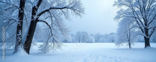 Trees covered in snow and ice with branches bare and skeletal, ice, cold, desolate