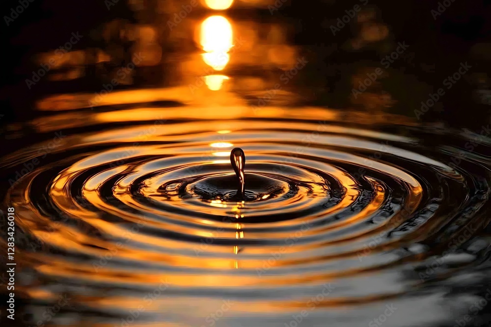 Water drop ripples sunset reflection Water drop ripples sunset reflection