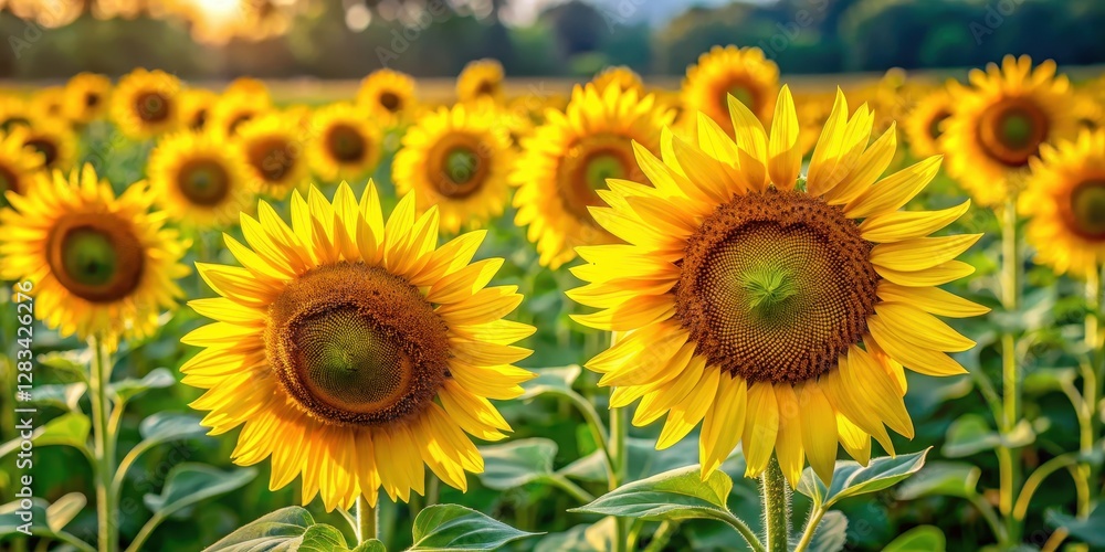 Large sunflowers standing in a field with bright yellow petals and dark centers Large sunflowers standing in a field with bright yellow petals and dark centers