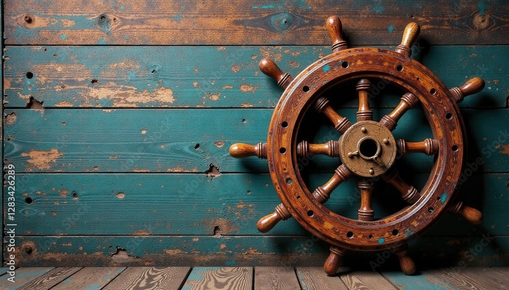 Fototapeta premium Distressed wooden ship wheel with rope and anchor , wood, rope, wheel