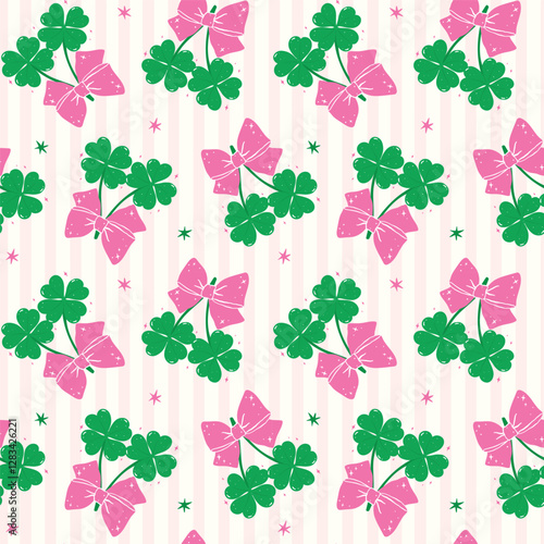 Coquette St Patricks Seamless Pattern Day 4 Leaf Clover with Bow Retro Girly wallpaper isolated on background