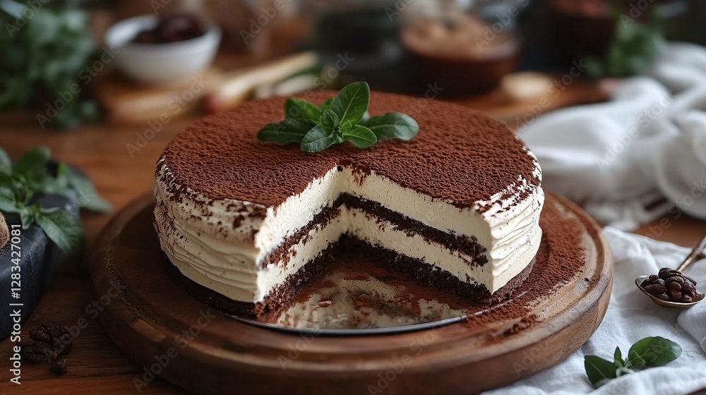 Tiramisu Cake on Wooden Board with Coffee Beans and Mint Leaves Tiramisu Cake on Wooden Board with Coffee Beans and Mint Leaves