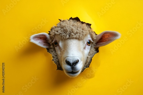 Whimsical sheep peeking through a vibrant yellow wall, offering a playful surprise