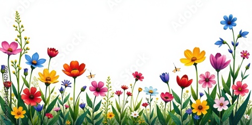 Diverse array of wildflowers on white, outdoor setting, colorful blooms, field of flowers