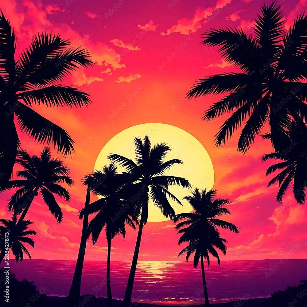 Vibrant tropical sunset background deep orange to pink and purple gradient sky, silhouetted palm trees, soft ocean reflections. Dramatic, expressive composition, looking up. Vibrant tropical sunset background deep orange to pink and purple gradient sky, silhouetted palm trees, soft ocean reflections. Dramatic, expressive composition, looking up.