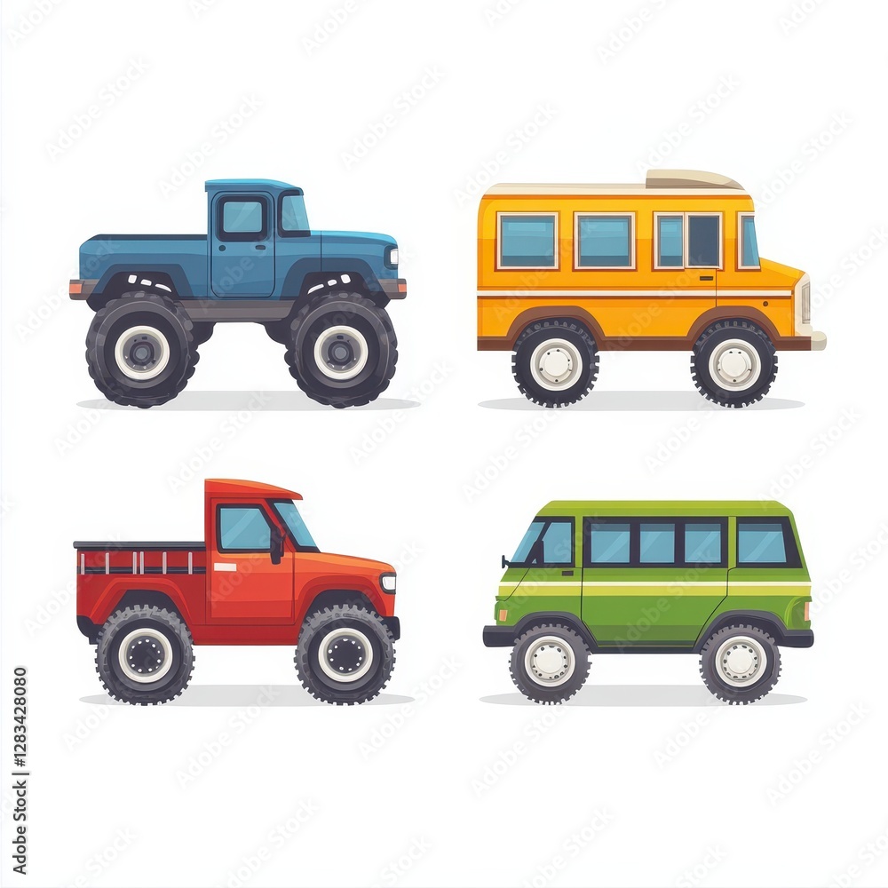 Fototapeta premium Four Pixel Art Vehicles Including a Blue Monster Truck on a White Background
