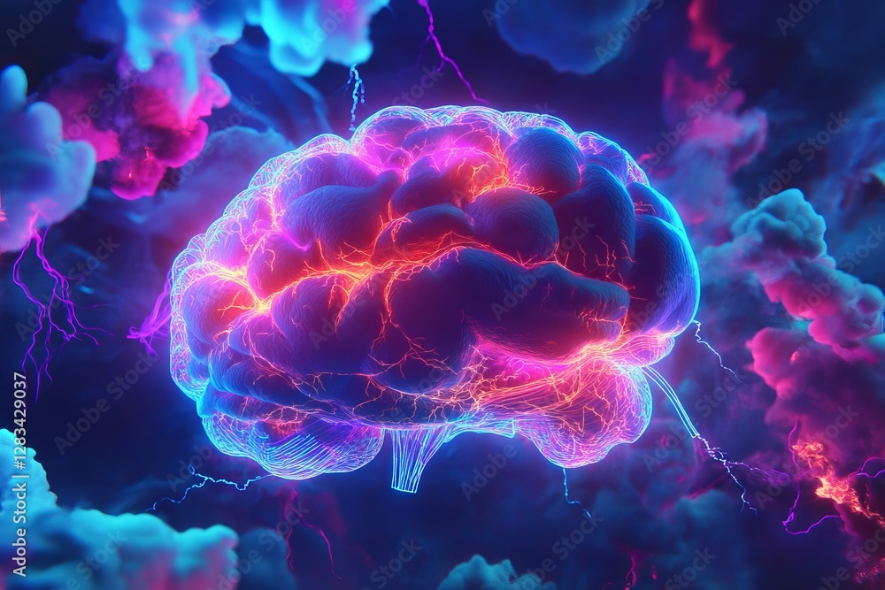 Obraz premium Abstract Brain Glowing Neon Pink Blue Energy Powerful Mind Psychedelic Digital Art Neural Network Intricate Design Vivid Colors Creative Artwork 