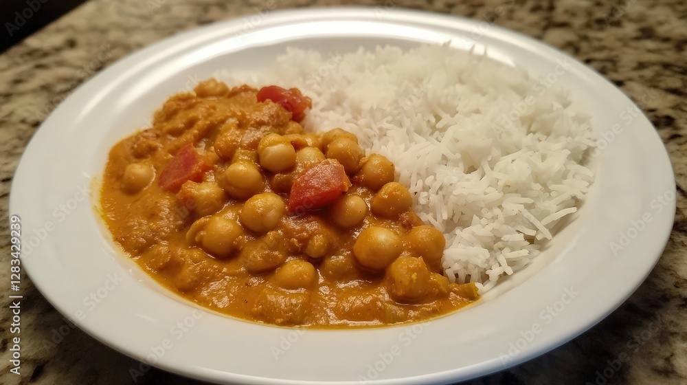 A vegan chickpea curry cooked with coconut milk, tomatoes, and spices, served with basmati rice for a warm and flavorful meal A vegan chickpea curry cooked with coconut milk, tomatoes, and spices, served with basmati rice for a warm and flavorful meal