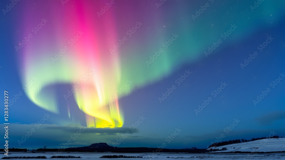 Naklejka premium The image captures the stunning aurora borealis with vibrant green, pink, and blue hues dancing across the night sky over a snowy, serene landscape. 