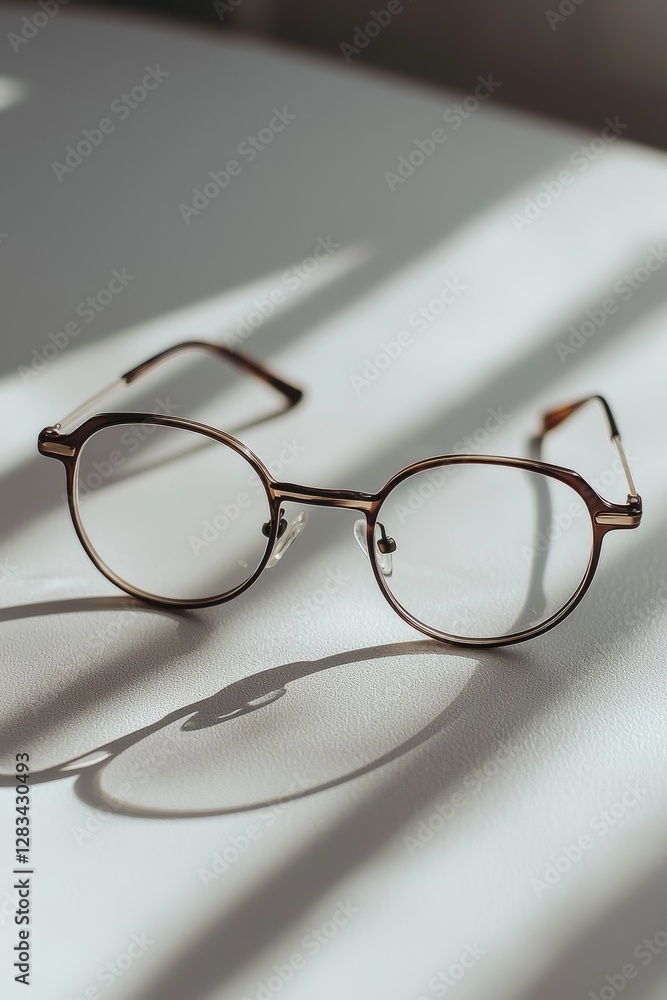 Stylish round glasses casting delicate shadows in a sunlit room atmosphere Stylish round glasses casting delicate shadows in a sunlit room atmosphere