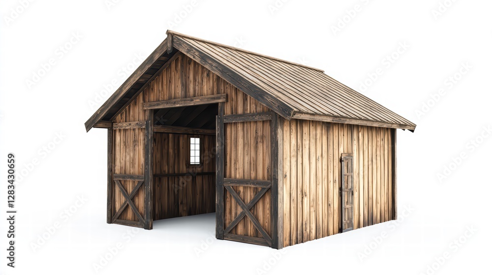 Rustic Wooden Barn: A charming rustic wooden barn with large double doors stands invitingly against a plain background, showcasing its weathered wood and simple yet sturdy construction. Rustic Wooden Barn: A charming rustic wooden barn with large double doors stands invitingly against a plain background, showcasing its weathered wood and simple yet sturdy construction.