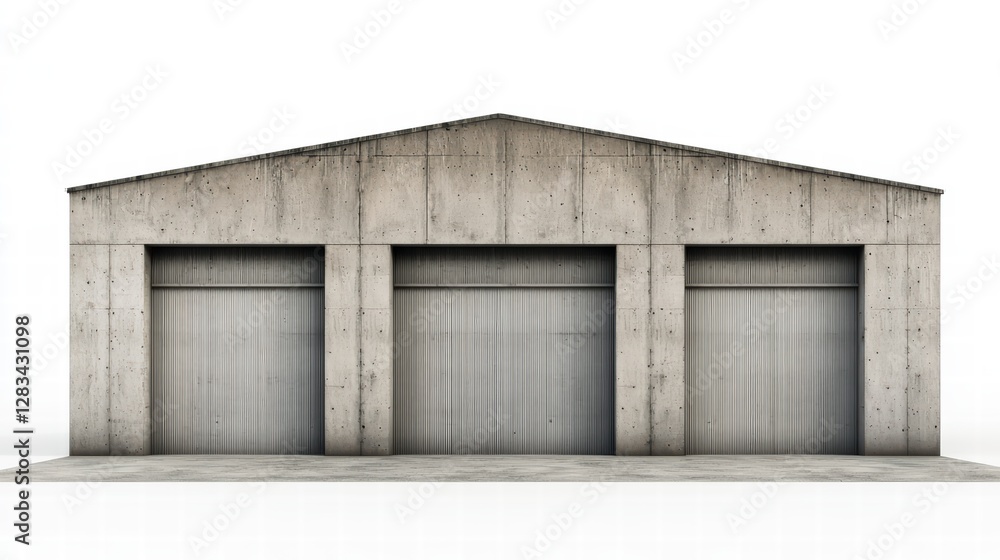 Industrial Facade: A minimalistic facade featuring three closed garage doors, epitomizing functionality and utilitarian design Industrial Facade: A minimalistic facade featuring three closed garage doors, epitomizing functionality and utilitarian design