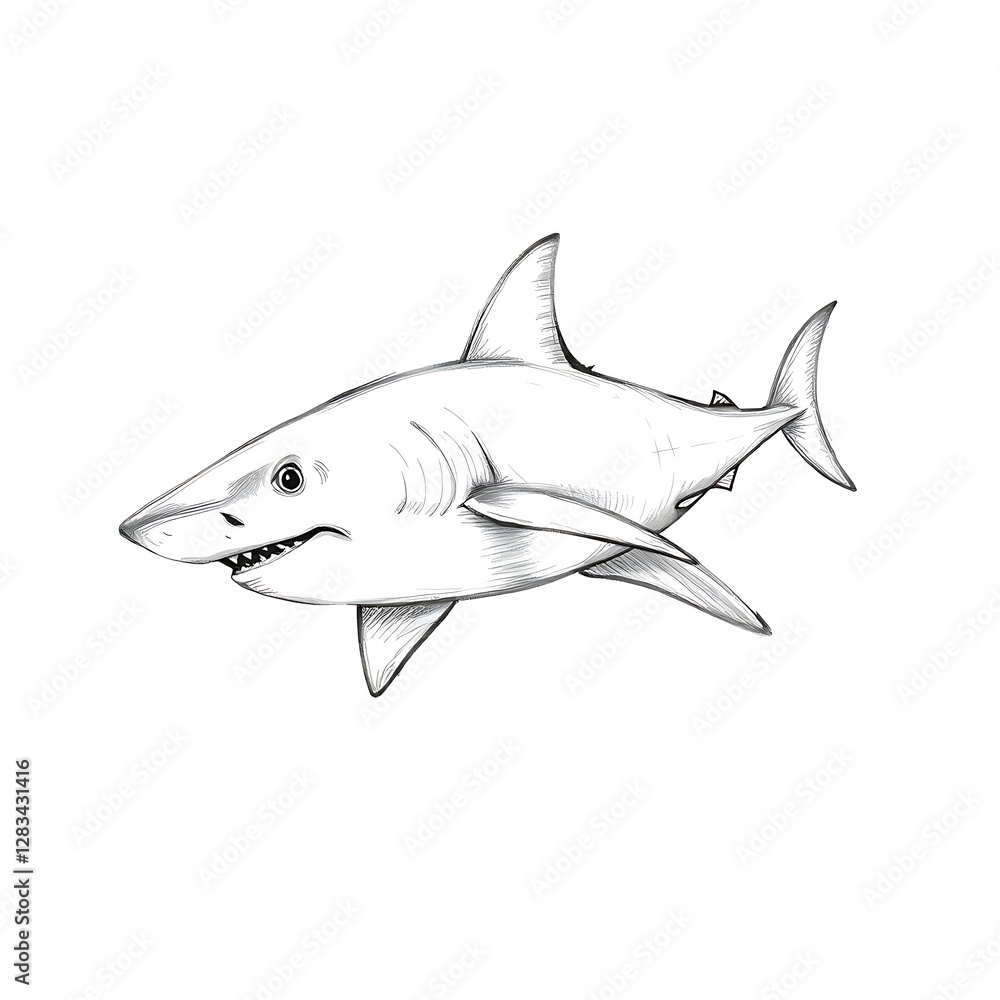 Fototapeta premium Striking Black and White Hand-Drawn Sketch of a Powerful Shark in Motion – Detailed Line Art Illustration