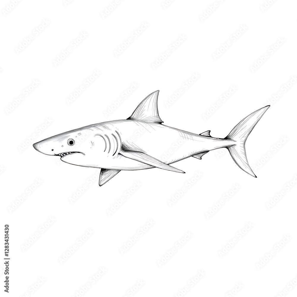 Fototapeta premium Striking Black and White Hand-Drawn Sketch of a Powerful Shark in Motion – Detailed Line Art Illustration