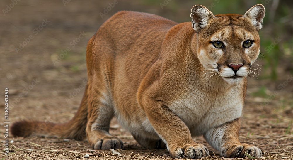 Obraz premium Mountain Lion Crouching in the Wild Observing Prey on Brown Ground