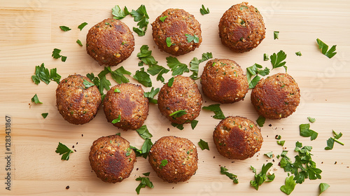 Golden fried falafel balls garnished with fresh herbs on a wooden countertop