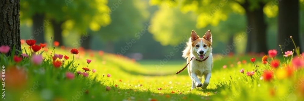 Dog walking on a leash in a park with trees and flowers, nature, animals, leash Dog walking on a leash in a park with trees and flowers, nature, animals, leash