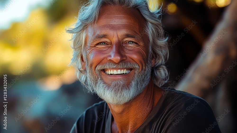 Man with a big smile on his face. He is wearing a black shirt and has a beard Man with a big smile on his face. He is wearing a black shirt and has a beard