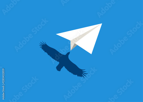 Logo Travel. Avión de papel blanco volando sobre un fondo azul con la sombra proyectada de un ave en vuelo