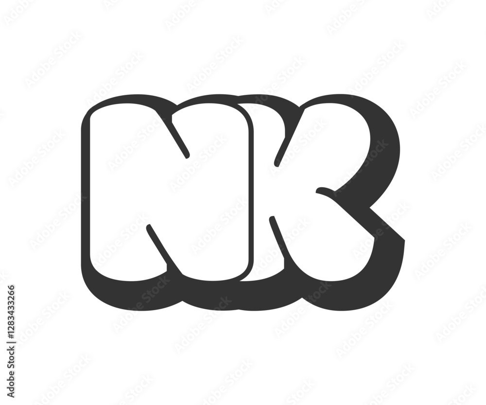 NK logo, bubble comic lettering, rounded in graffiti style black and white silhouette. Trendy preschool N and K letter text for festival party, personal initials, children funky print and web. NK logo, bubble comic lettering, rounded in graffiti style black and white silhouette. Trendy preschool N and K letter text for festival party, personal initials, children funky print and web.